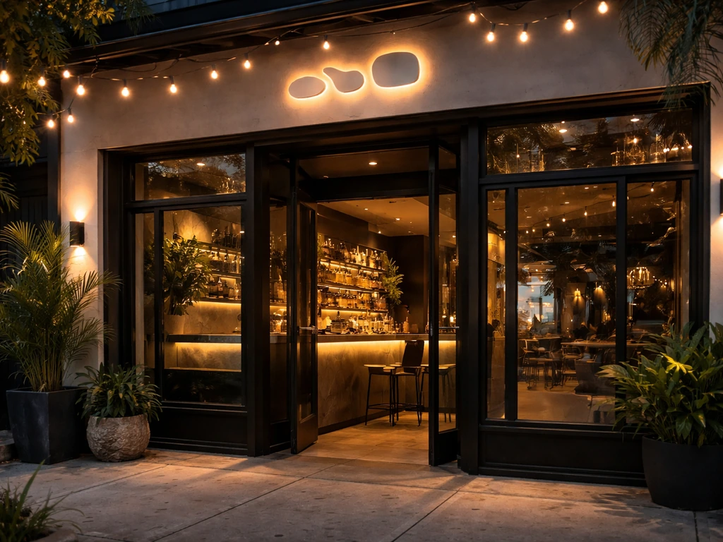 Warmly lit Wynwood bar exterior at dusk, modern facade and string lights, empty entrance, no people.