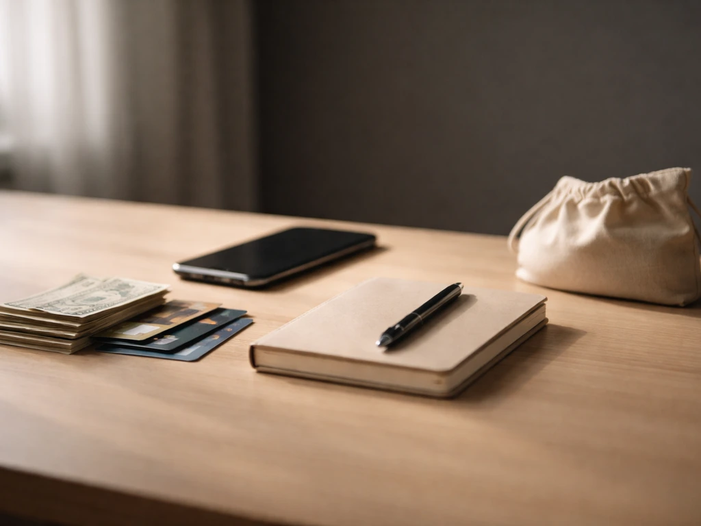 Simple photo of money and a smartphone on a desk next to a notebook, symbolizing income vs expenses.