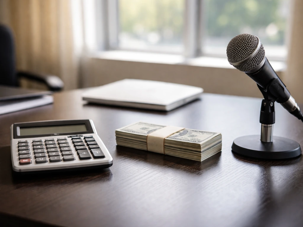 Minimal desk scene with a calculator, cash, and a microphone, symbolizing prize money and appearance fees