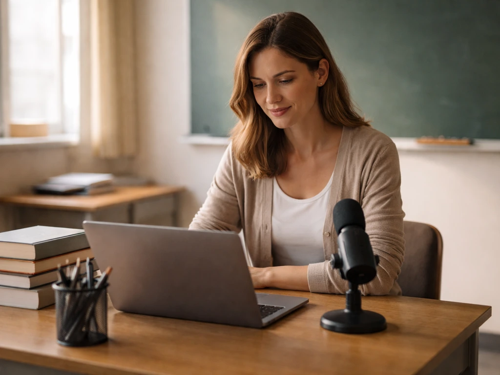 Teacher in a quiet classroom holding books, with a laptop open as if recording educational content.