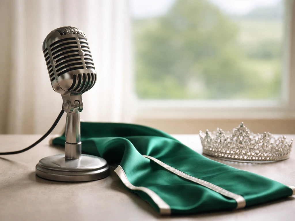 Minimal scene showing Irish TV and a formal pageant symbol to disambiguate Michelle Rocca