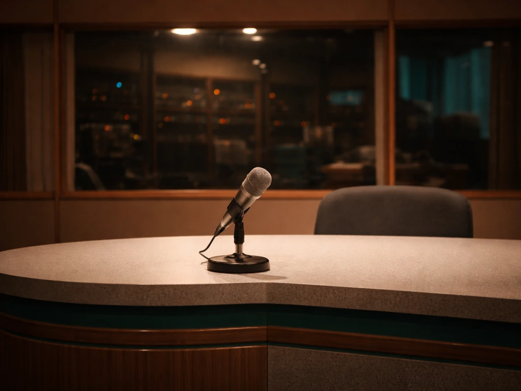 Late-1980s broadcast studio desk with a vintage microphone and blurred control-room glass in background.