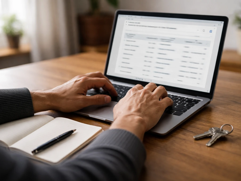 Close-up of hands using a laptop to review Irish property transaction records, with a notebook and pen nearby.