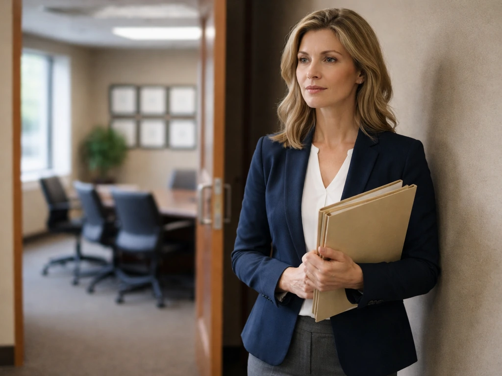 Anonymous professional woman in a government office corridor, holding a folder beside a conference room doorway.