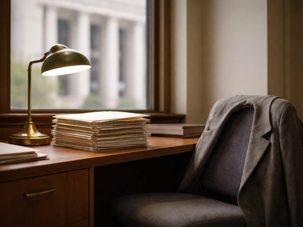 Minimal government office scene with organized folders and a window view, symbolizing a career timeline.