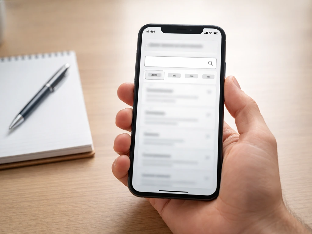 Hand holding a phone showing a generic government disclosure search webpage with filters applied