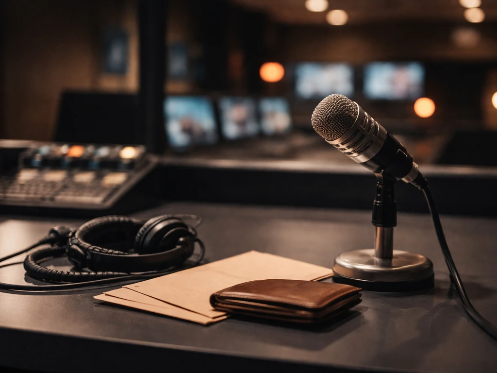 Close-up of a broadcast microphone and wallet in a TV studio control room, symbolizing media and wealth review.