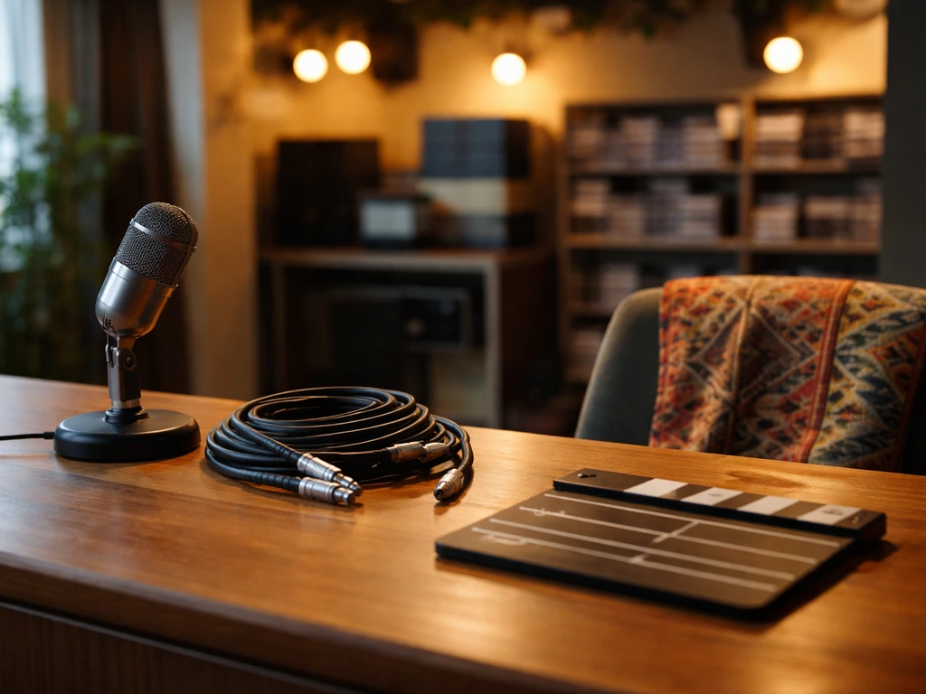 Empty TV studio desk with microphone and videotapes, symbolizing a TV career and public net-worth interest.
