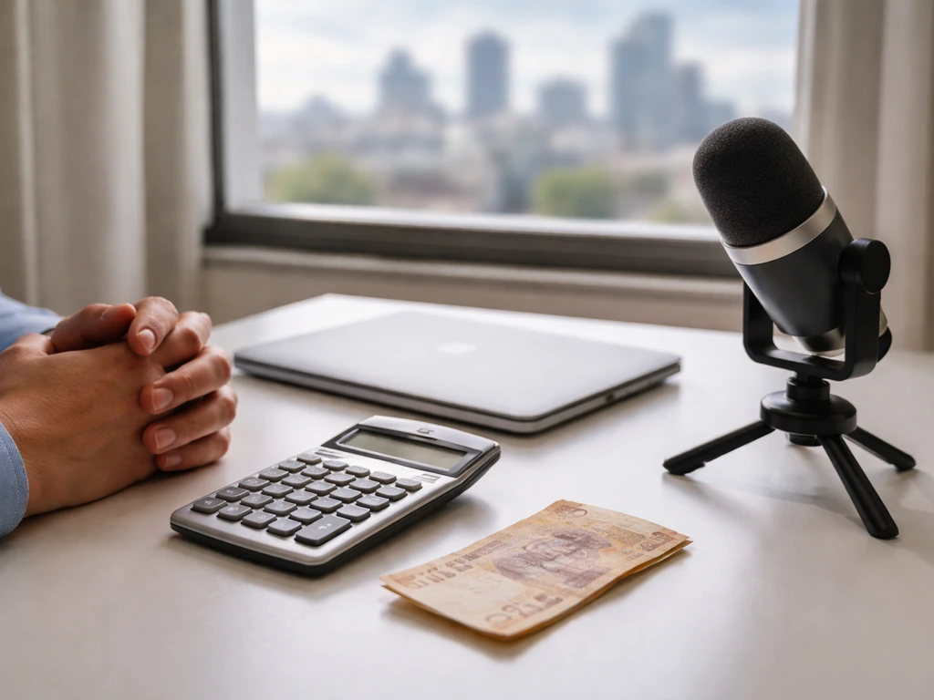 Hands by a calculator and microphone on a desk with a laptop, symbolizing finance and media analysis.