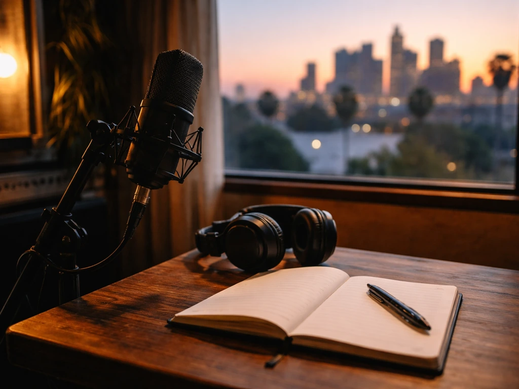 Close-up of a recording studio microphone with headphones and a blank notebook by a window skyline.