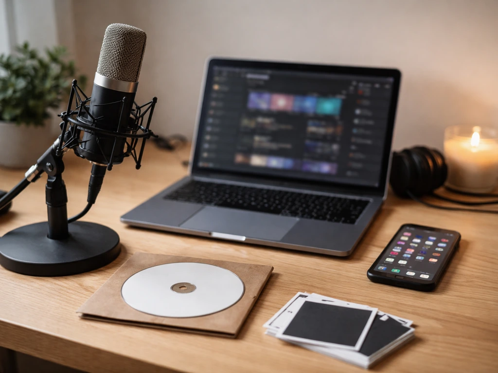 Minimal studio desk scene with microphone, laptop, and small album/merch-style items suggesting independent artist incom