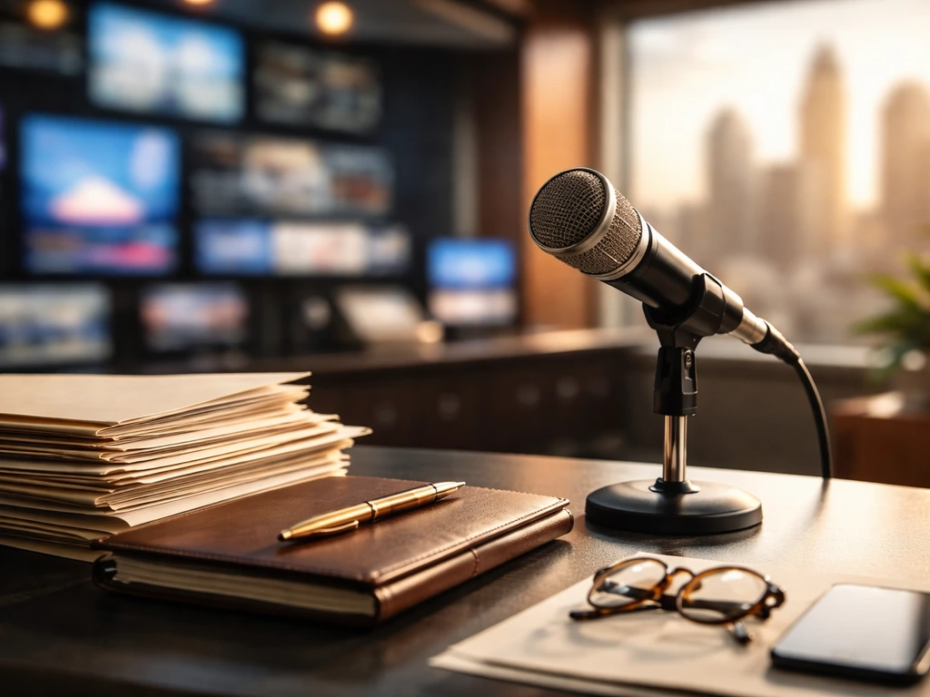A minimal TV news studio desk with a microphone, filed documents, and a city skyline through a window.
