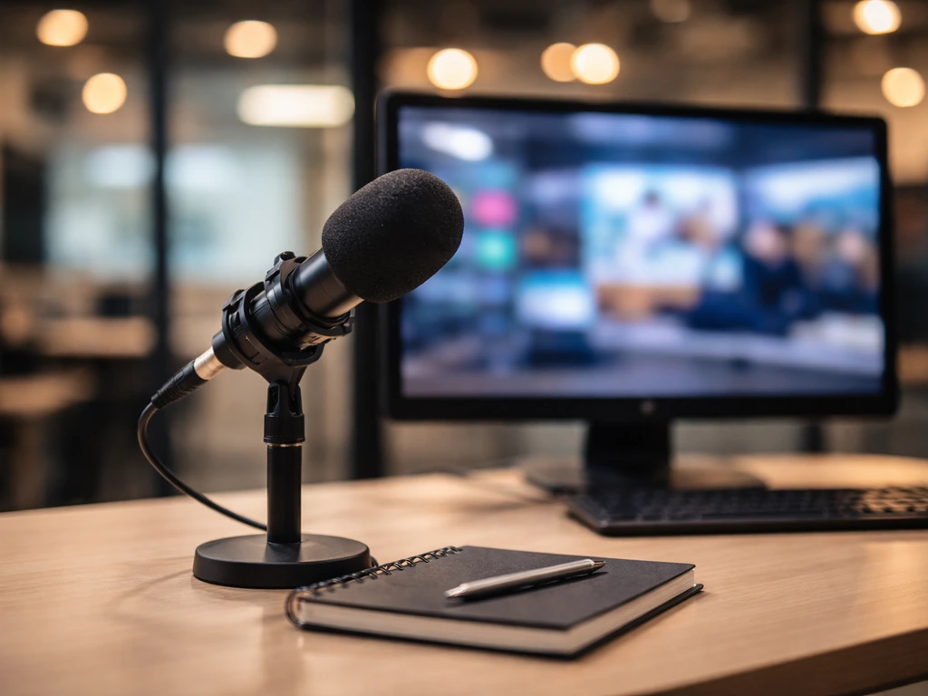 Quiet CBS News-style newsroom scene with a media producer desk and microphone, symbolizing verified journalism