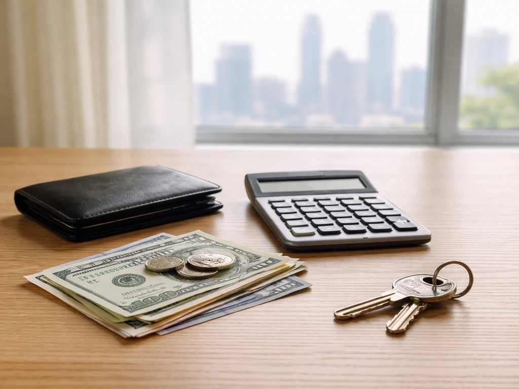 Calculator on a desk with banknote and key asset items, suggesting assets minus liabilities net worth estimation.