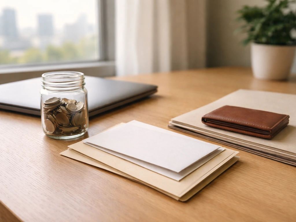 Minimal desk scene with coins in a glass jar, wallet, and envelopes symbolizing assets and spending factors
