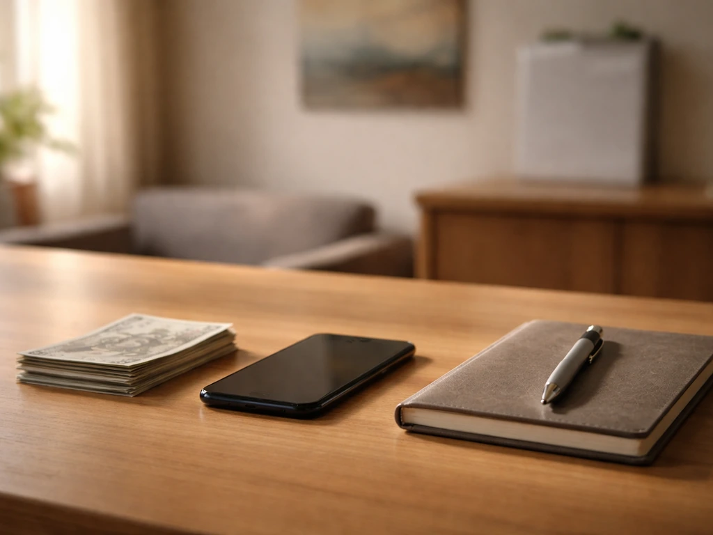 Minimal office desk scene with scattered currency and a smartphone for finance and media analysis theme