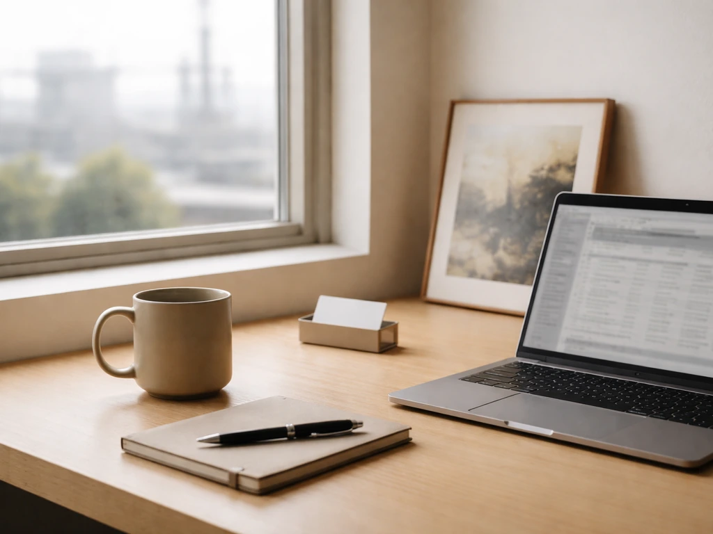 Minimal desk scene combining business and art cues near a window, no people, for correct identity context.
