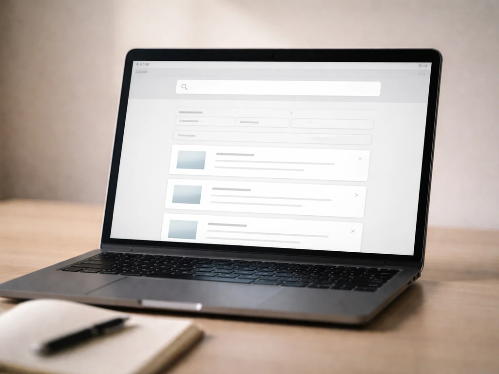 Close-up of a laptop showing a public records search workflow with forms and result cards, no readable text