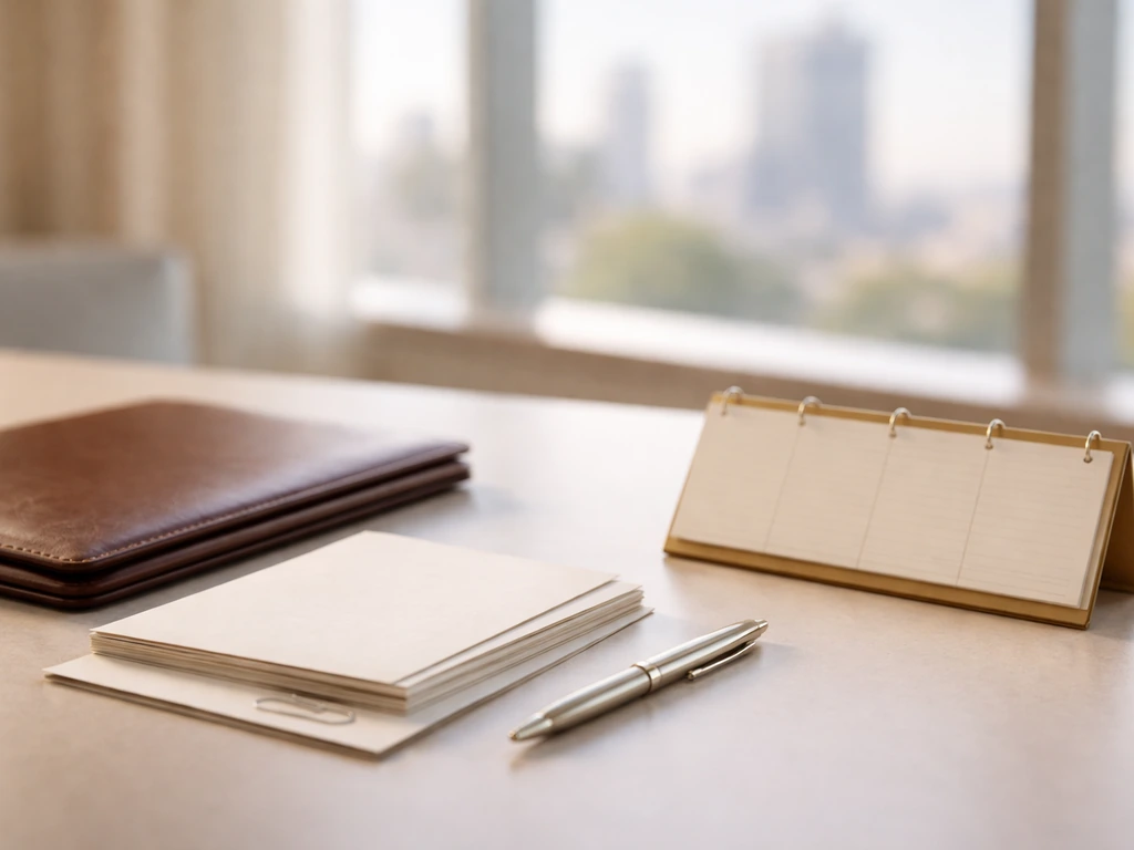 Minimal desk scene with blank documents and an open calendar card suggesting a wealth timeline, no text.