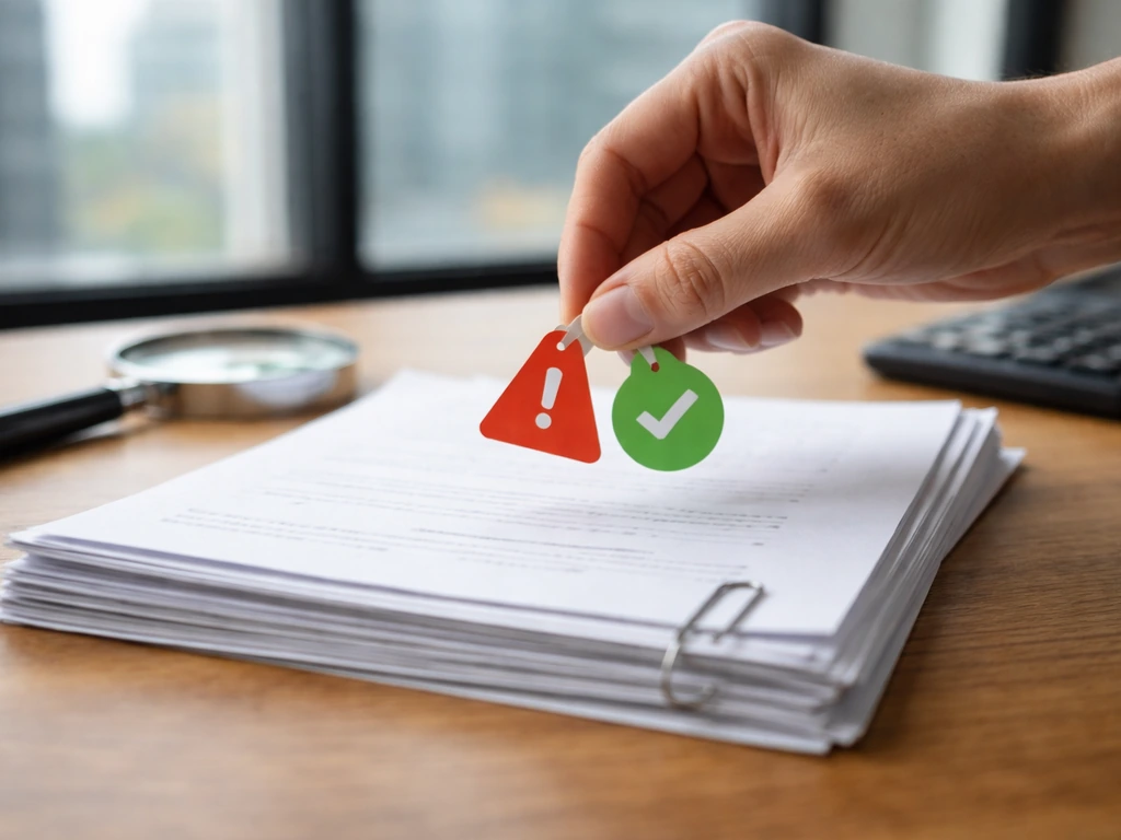 Close-up of a hand placing small red and green check tags beside scattered documents and a magnifying glass