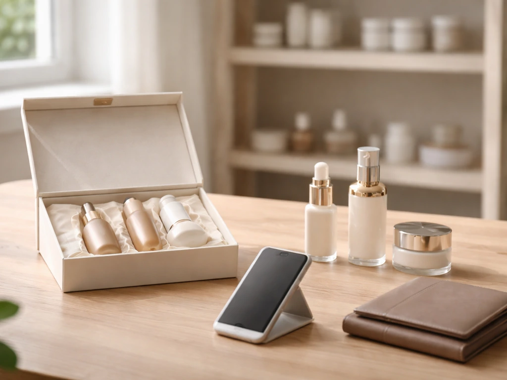 Bright beauty studio desk with skincare bottles, wallet, and an unlit phone suggesting creator earnings verification.