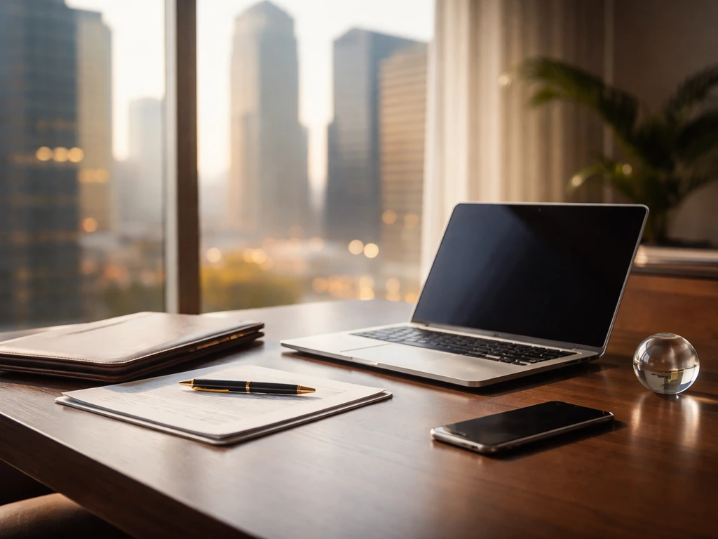 Sunlit finance desk with laptop, neatly stacked cashless wealth symbols, and a blurred city skyline