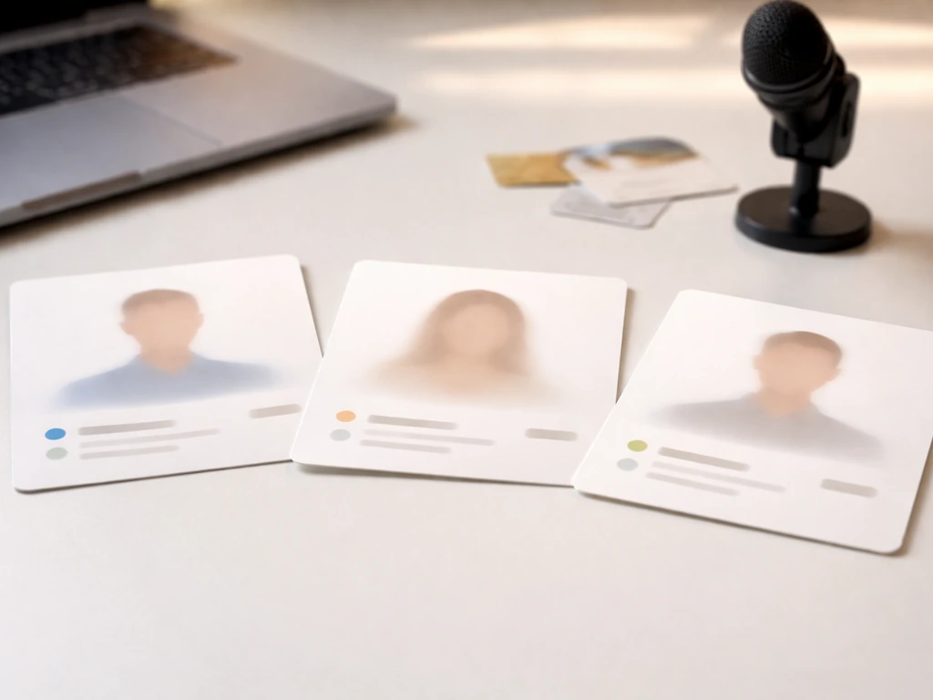 Three blurred profile cards on a desk with laptop and microphone, symbolizing multiple finance profiles.