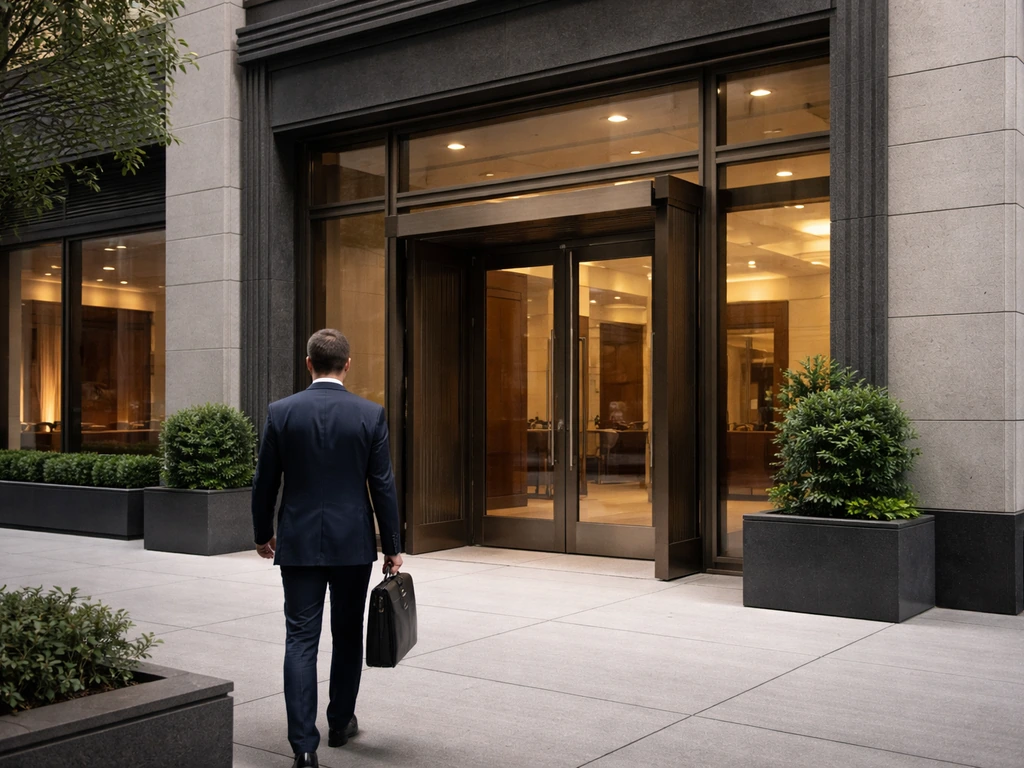 Exterior of a modern investment firm building with an anonymous professional walking toward the entrance.