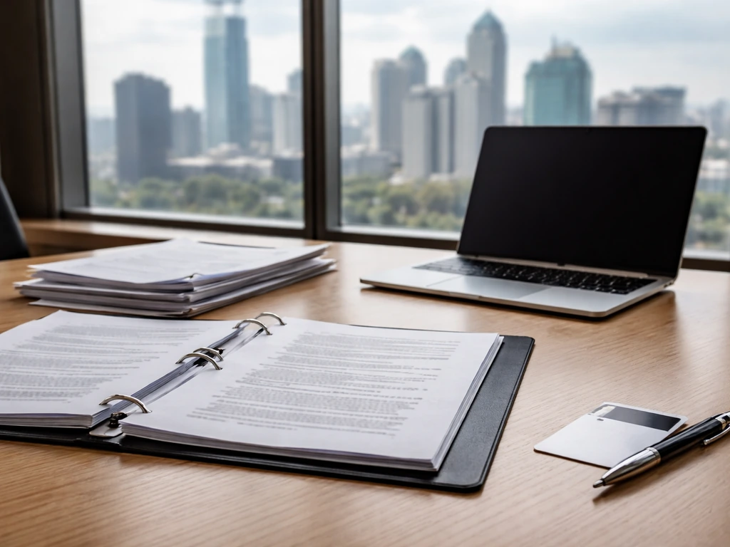 Minimal boardroom desk with unreadable meeting materials, laptop, and city skyline view through a window.