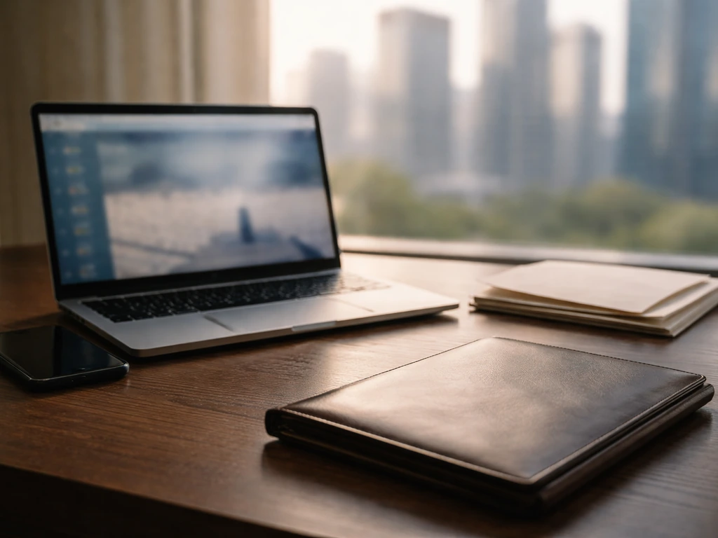 Minimal desk scene with open laptop, documents, and city view, symbolizing financial verification and net worth analysis