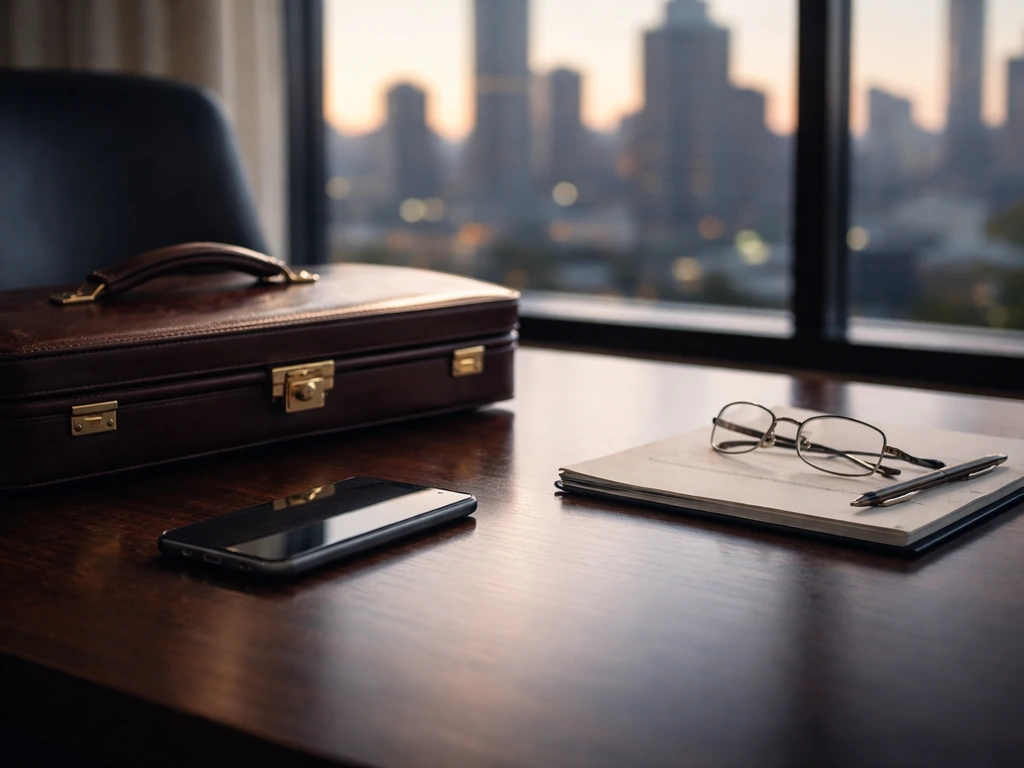 Anonymous businessperson in a sleek office with a leather briefcase and city view at window