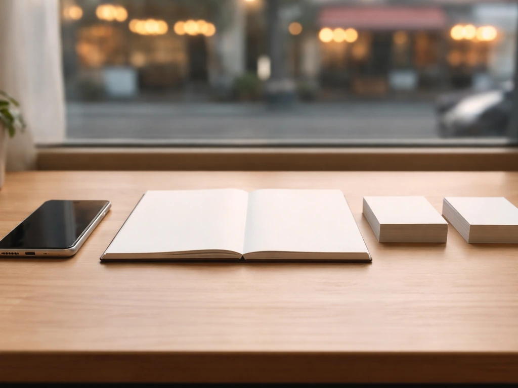 Minimal desk scene with blank notebook and stacked cards suggesting a career timeline and wealth growth.