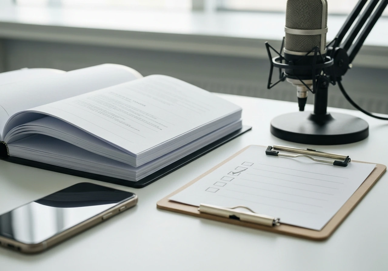Desk scene with a clipboard and checkboxes beside media paperwork and a microphone, symbolizing identity verification.