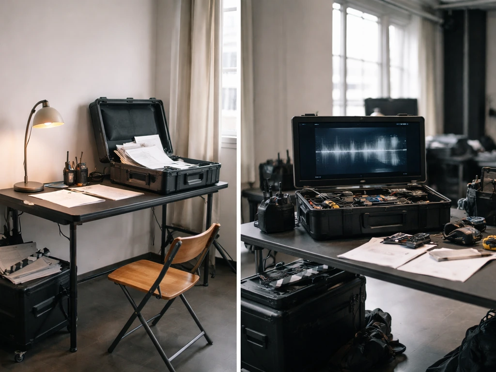 Side-by-side film production workstations showing small early setup versus larger peak-scale gear.