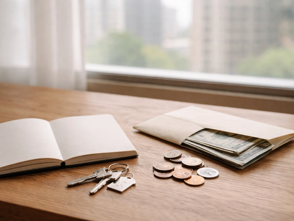 Minimal photo of a desk with keys, a small notebook, and scattered coins suggesting assets and liabilities