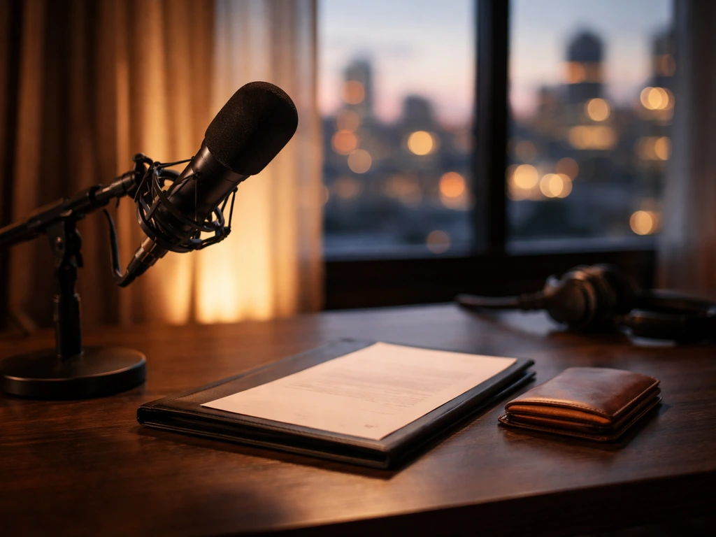 Unbranded studio desk with microphone and wallet, warm city dusk light, media-industry net-worth theme