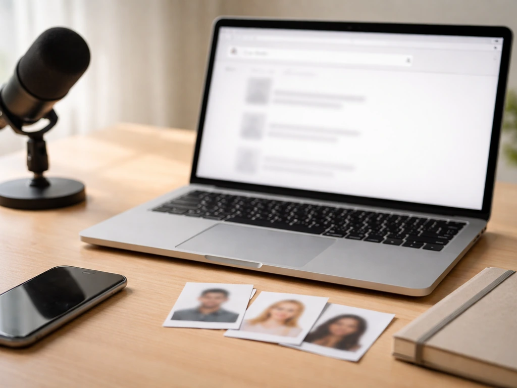 Desk with laptop and anonymous photo cutouts suggesting searching to disambiguate identities