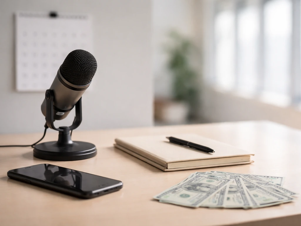 Minimal office desk scene with a smartphone, microphone, and scattered cash, symbolizing an ongoing income range.