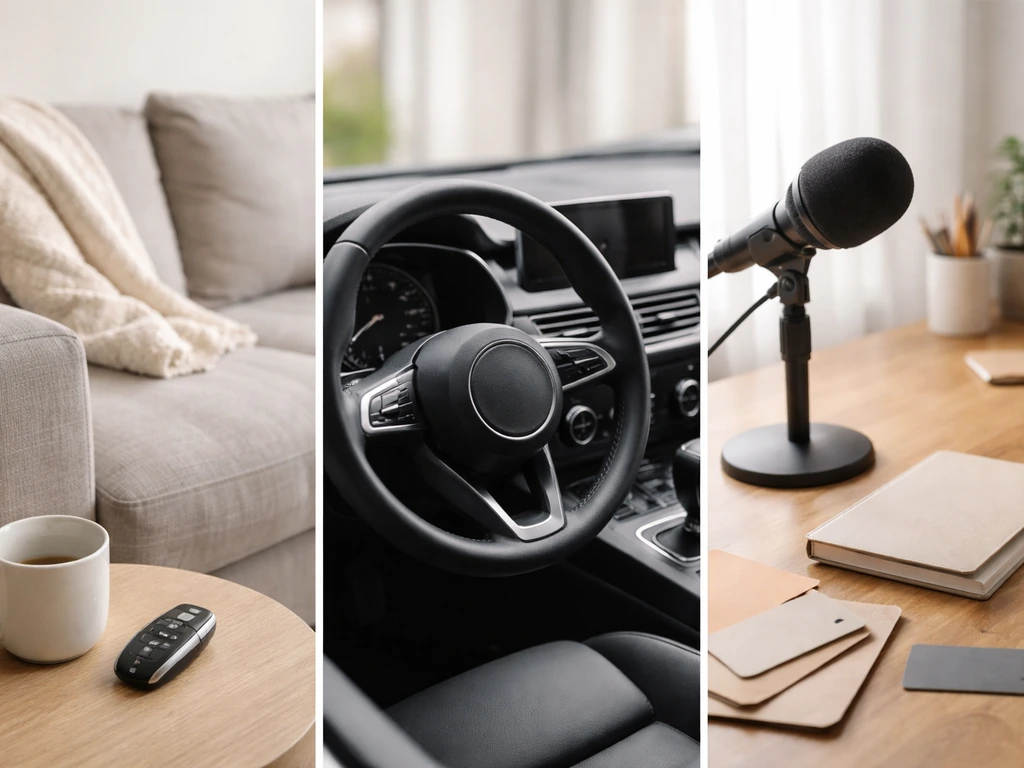 Minimal collage of apartment, car interior, and studio desk objects suggesting lifestyle and money clues