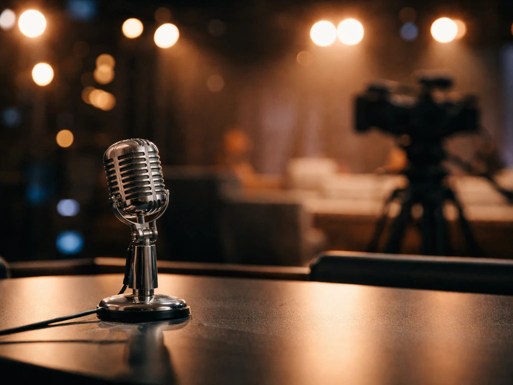 Empty reality-TV studio set with a microphone and warm lights suggesting celebrity media presence