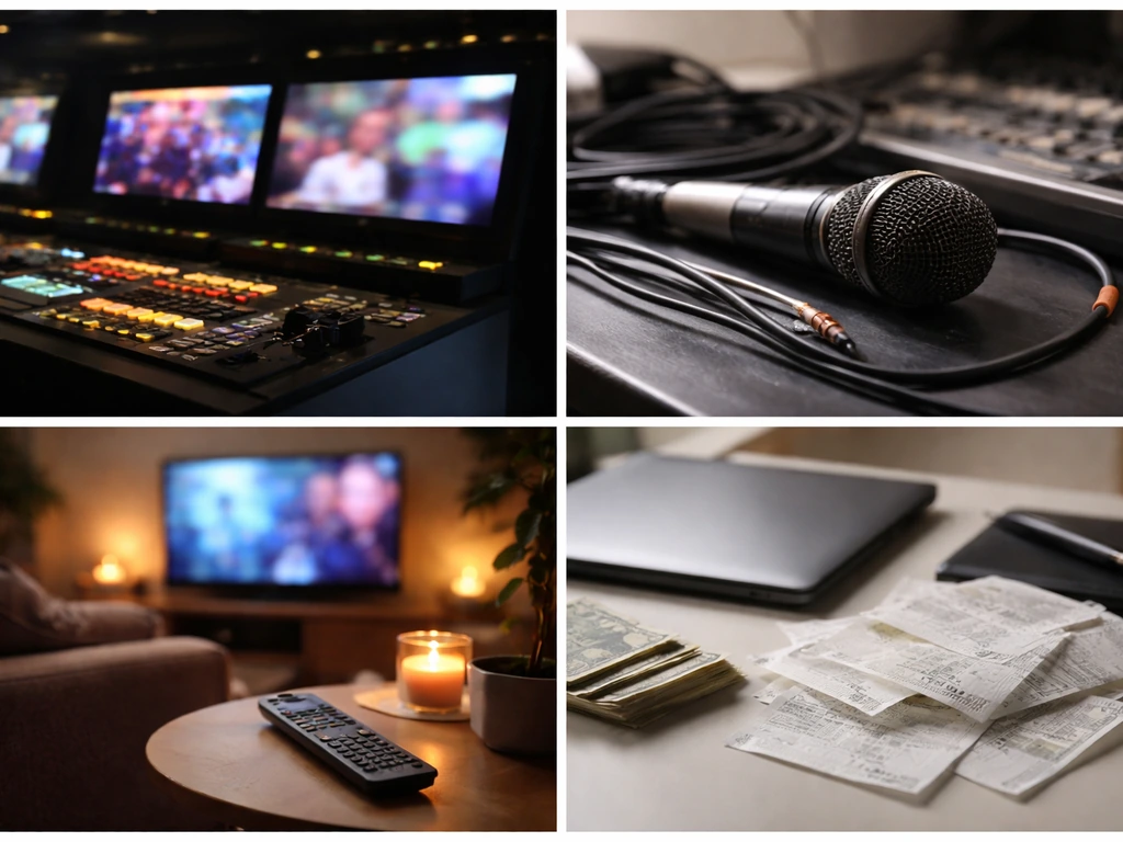 Minimal collage of anonymous TV studio and lifestyle money cues, no identifiable person.