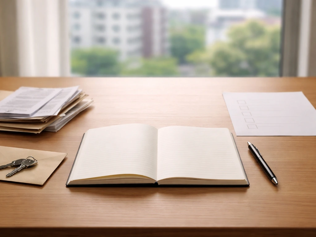 Minimal desk scene with an open notebook and blank checkbox paper symbolizing assets vs liabilities.