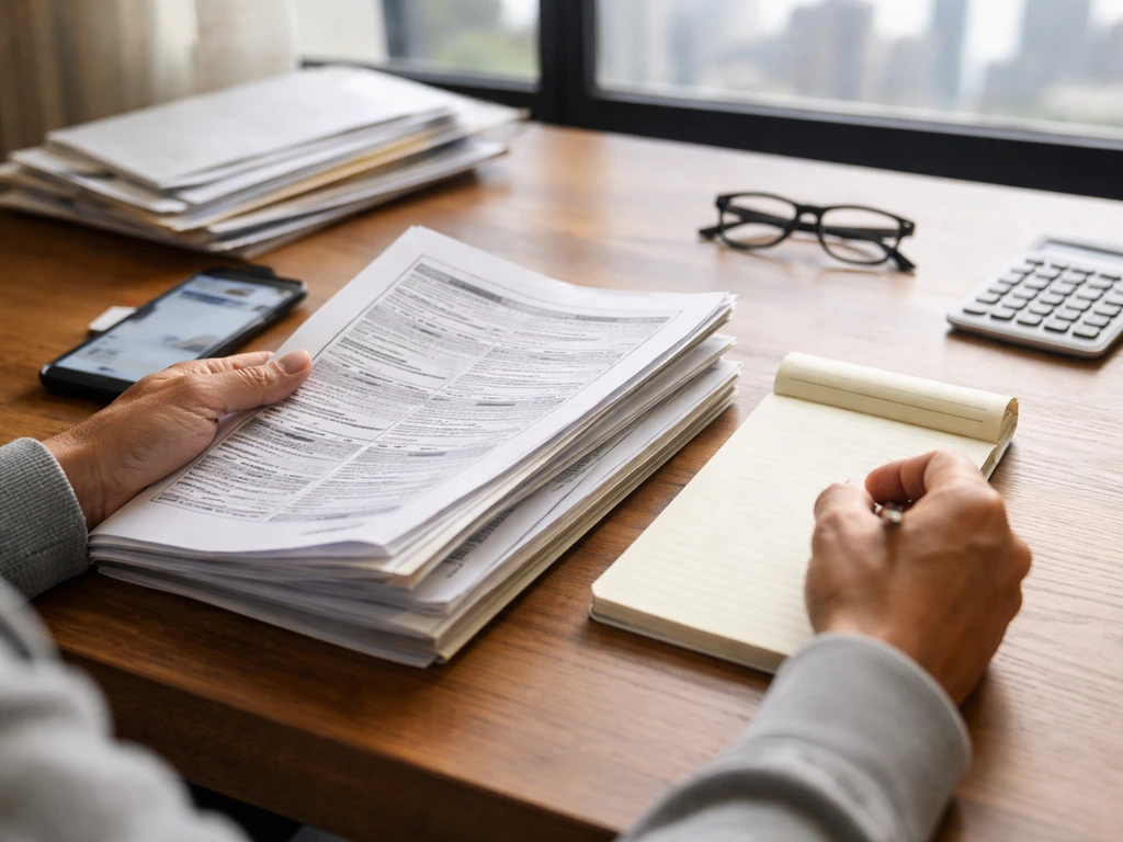 Anonymous hands reviewing printed property records at a desk with calculator and blurred smartphone screen.
