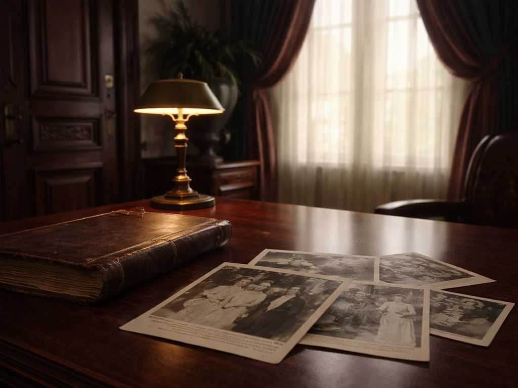 Archived office interior with vintage desk items and old press photos suggesting Haiti’s formal first-lady context.