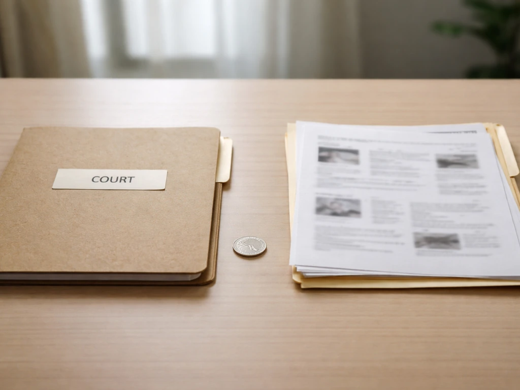 Minimal office desk with two folders labeled trusted court records and skipped blogs, split by a small coin