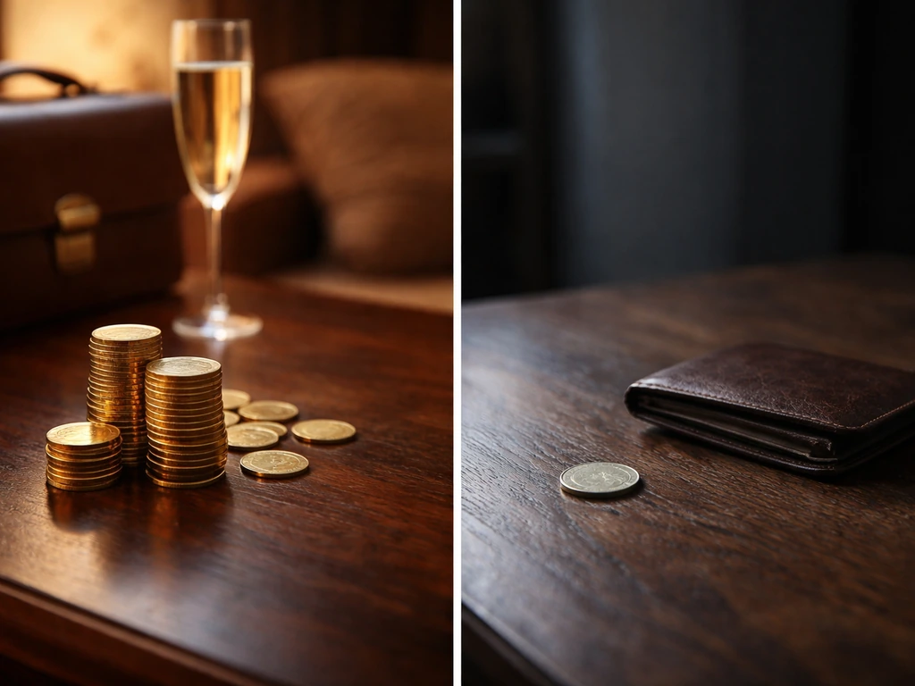 Minimal split scene: rich left with coins and briefcase, smaller modest right with fewer coins and empty wallet.