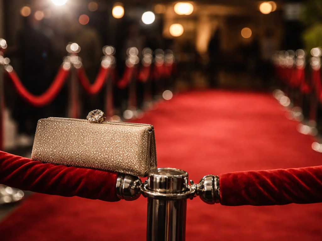 Empty red-carpet event entrance with velvet rope and elegant clutch, evoking celebrity wealth and media.