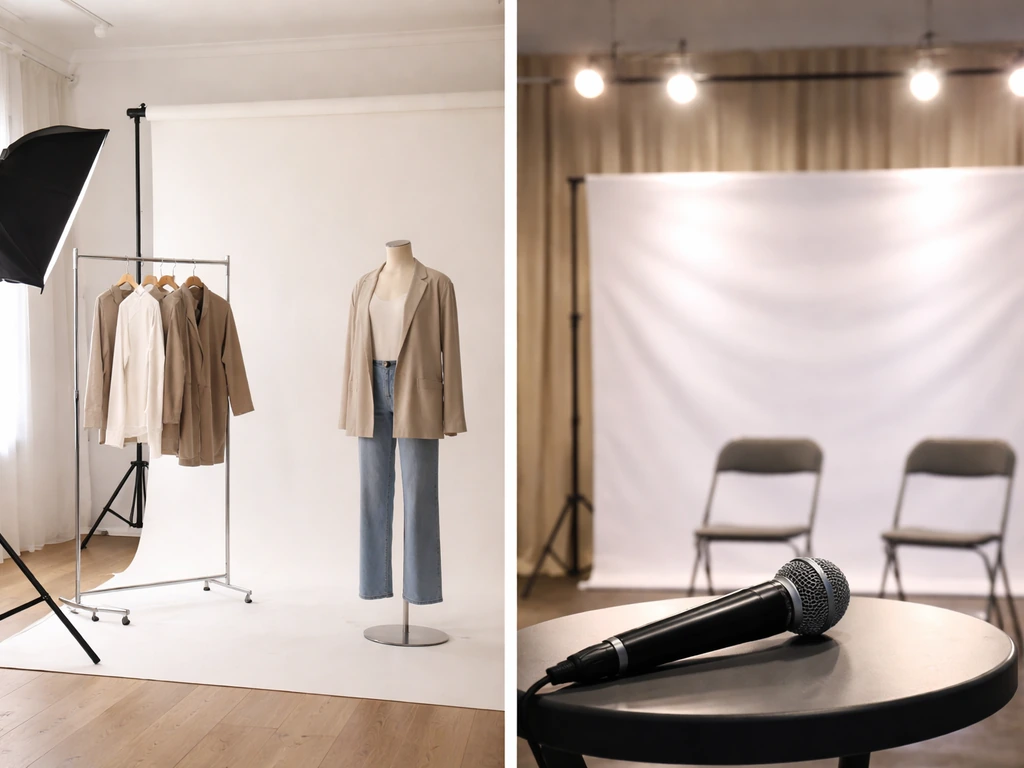 Split photo showing a fashion studio setup on one side and a media appearance setup with a microphone on the other.