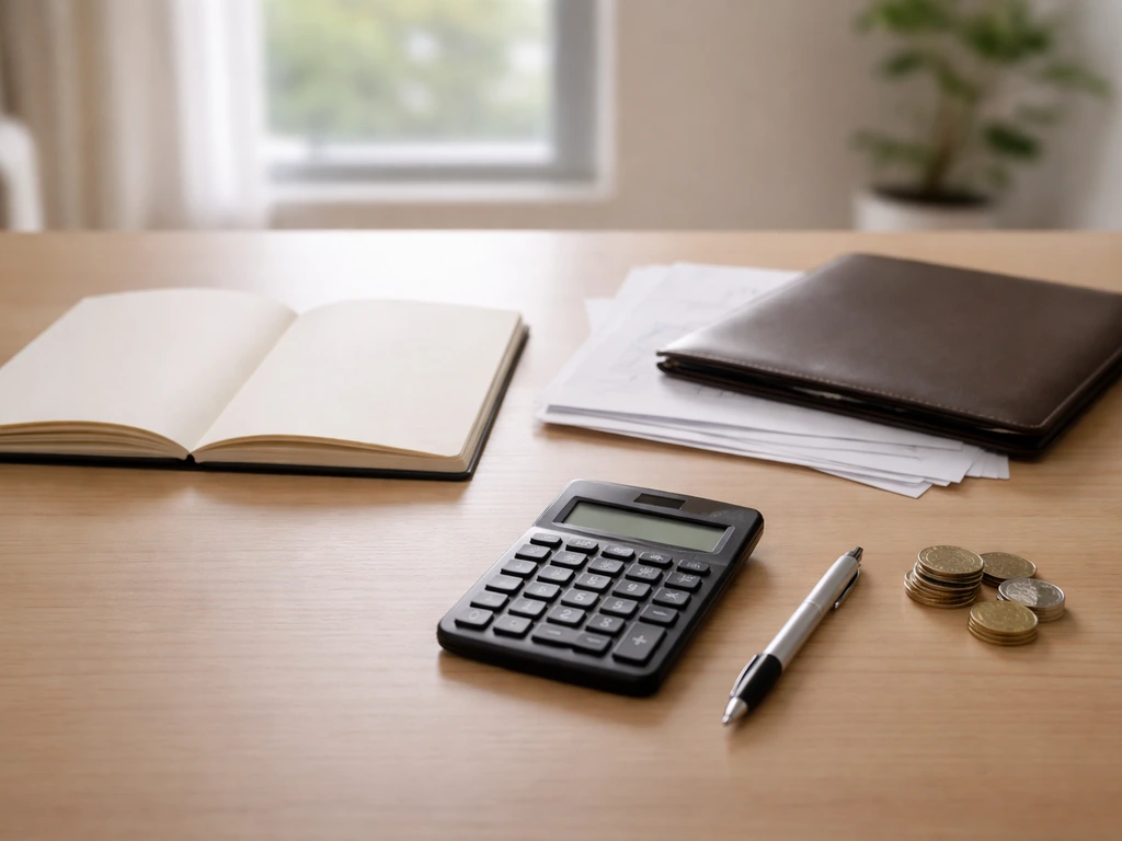 Minimal office scene with scattered documents, a calculator, and a notebook symbolizing net-worth estimation.