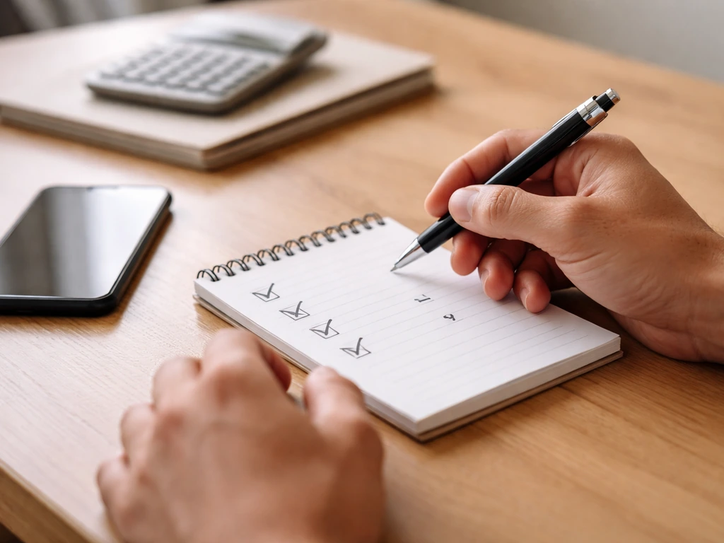 Minimal desk scene with a notepad and pen beside a smartphone, suggesting a credibility checklist for net-worth.
